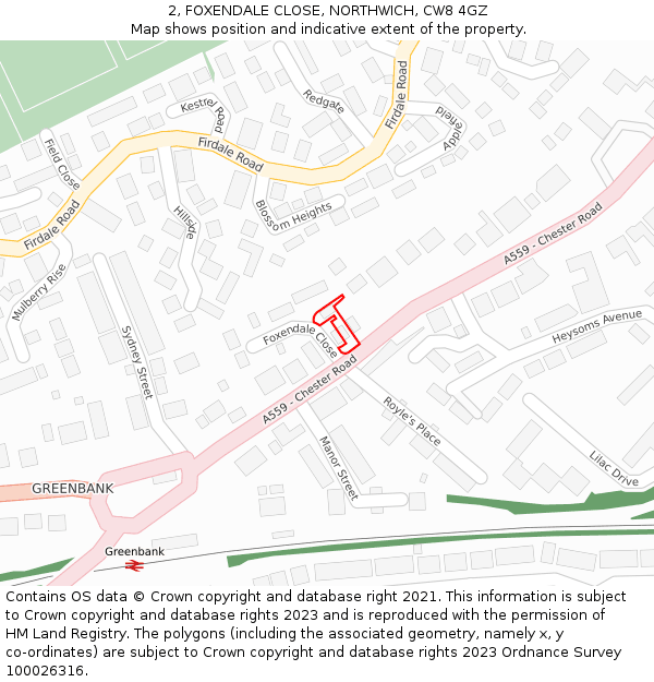 2, FOXENDALE CLOSE, NORTHWICH, CW8 4GZ: Location map and indicative extent of plot