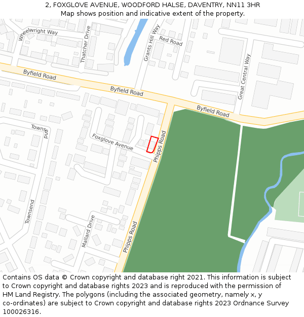 2, FOXGLOVE AVENUE, WOODFORD HALSE, DAVENTRY, NN11 3HR: Location map and indicative extent of plot