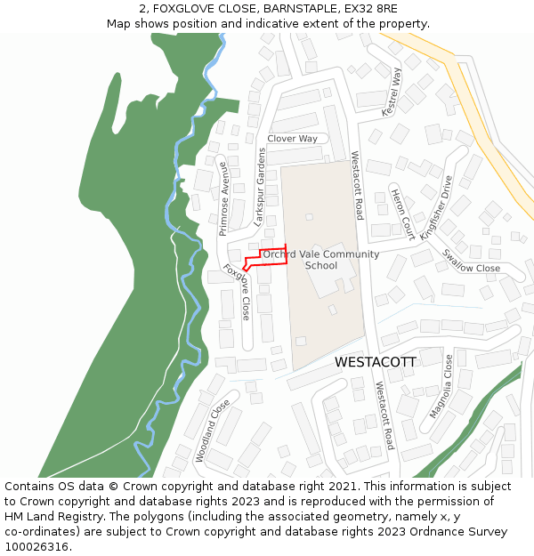 2, FOXGLOVE CLOSE, BARNSTAPLE, EX32 8RE: Location map and indicative extent of plot