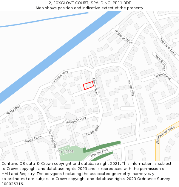 2, FOXGLOVE COURT, SPALDING, PE11 3DE: Location map and indicative extent of plot