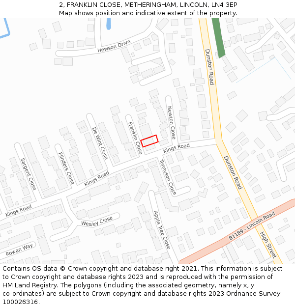 2, FRANKLIN CLOSE, METHERINGHAM, LINCOLN, LN4 3EP: Location map and indicative extent of plot