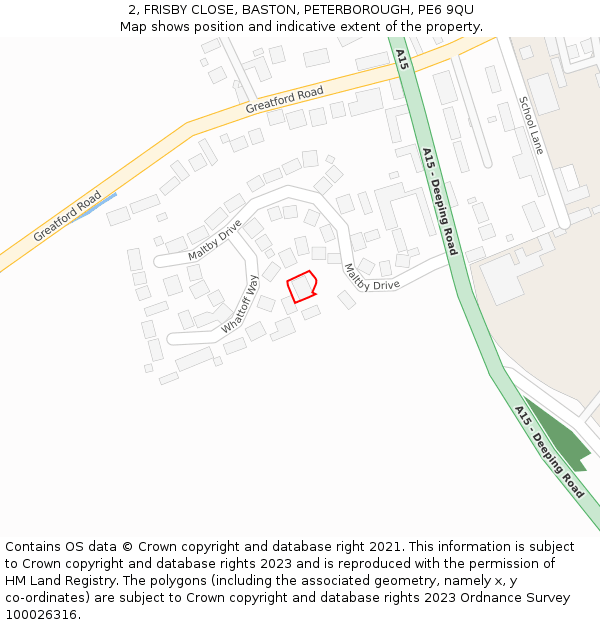 2, FRISBY CLOSE, BASTON, PETERBOROUGH, PE6 9QU: Location map and indicative extent of plot