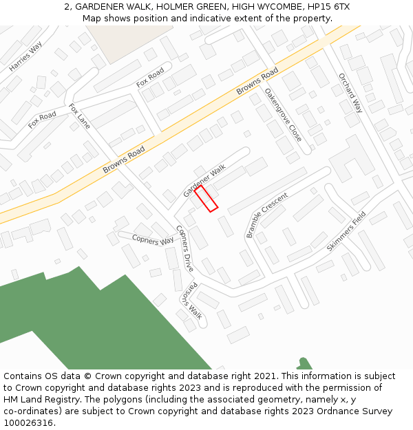 2, GARDENER WALK, HOLMER GREEN, HIGH WYCOMBE, HP15 6TX: Location map and indicative extent of plot