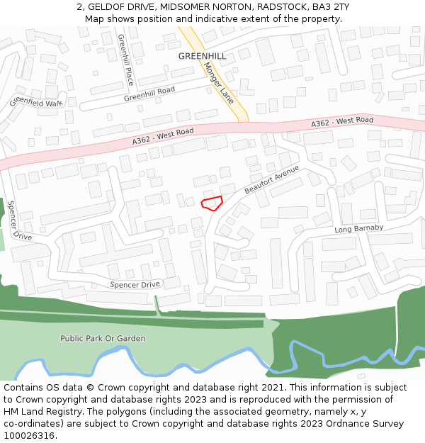2, GELDOF DRIVE, MIDSOMER NORTON, RADSTOCK, BA3 2TY: Location map and indicative extent of plot
