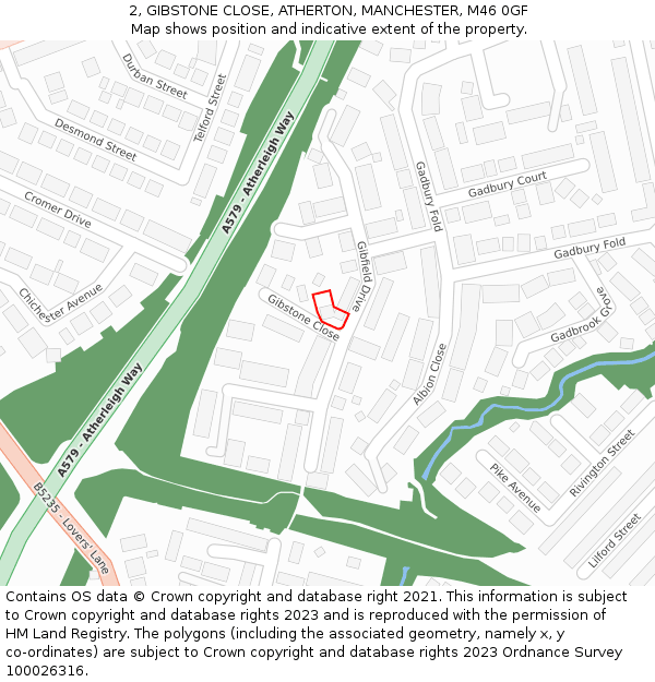 2, GIBSTONE CLOSE, ATHERTON, MANCHESTER, M46 0GF: Location map and indicative extent of plot