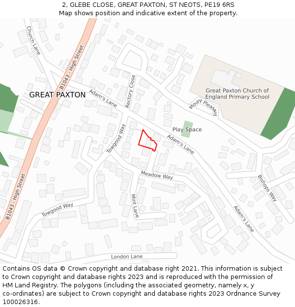 2, GLEBE CLOSE, GREAT PAXTON, ST NEOTS, PE19 6RS: Location map and indicative extent of plot
