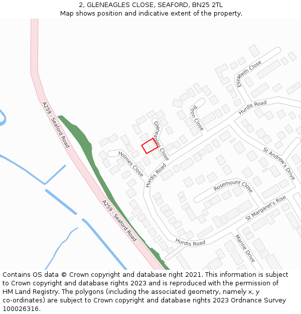 2, GLENEAGLES CLOSE, SEAFORD, BN25 2TL: Location map and indicative extent of plot