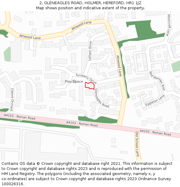 2, GLENEAGLES ROAD, HOLMER, HEREFORD, HR1 1JZ: Location map and indicative extent of plot