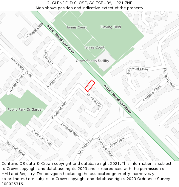 2, GLENFIELD CLOSE, AYLESBURY, HP21 7NE: Location map and indicative extent of plot