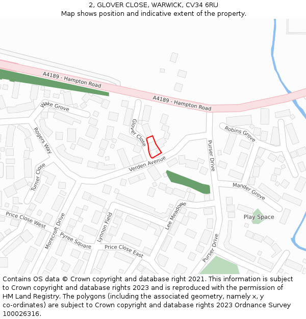 2, GLOVER CLOSE, WARWICK, CV34 6RU: Location map and indicative extent of plot