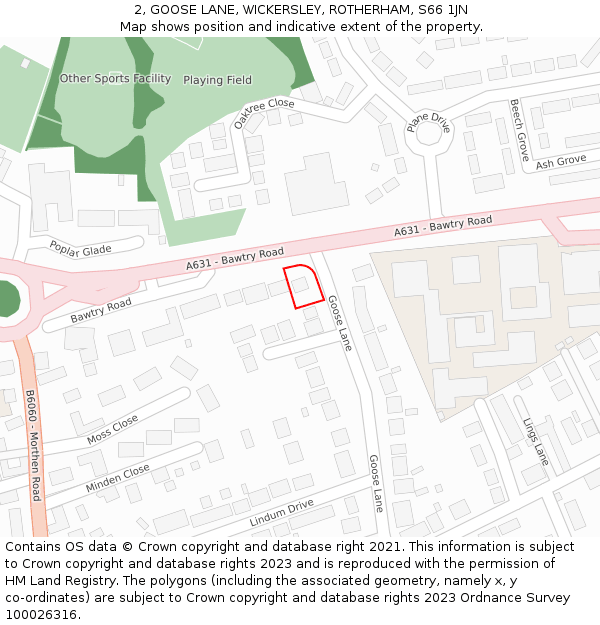 2, GOOSE LANE, WICKERSLEY, ROTHERHAM, S66 1JN: Location map and indicative extent of plot