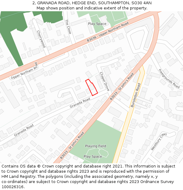 2, GRANADA ROAD, HEDGE END, SOUTHAMPTON, SO30 4AN: Location map and indicative extent of plot
