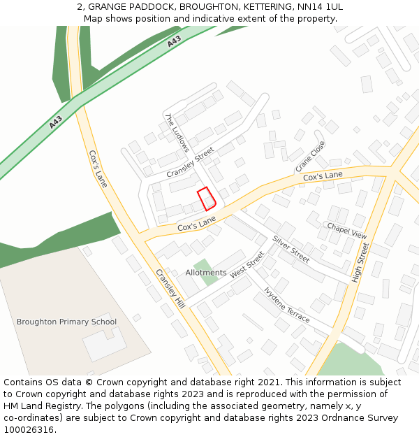 2, GRANGE PADDOCK, BROUGHTON, KETTERING, NN14 1UL: Location map and indicative extent of plot