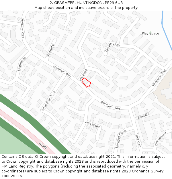 2, GRASMERE, HUNTINGDON, PE29 6UR: Location map and indicative extent of plot