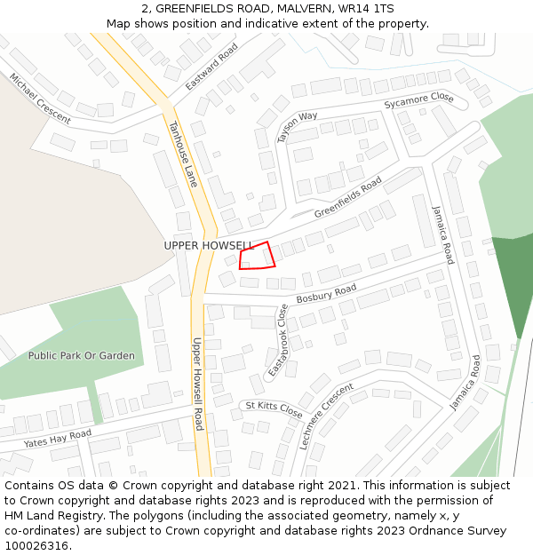 2, GREENFIELDS ROAD, MALVERN, WR14 1TS: Location map and indicative extent of plot