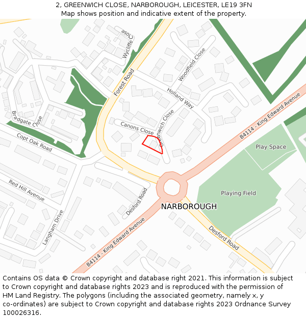 2, GREENWICH CLOSE, NARBOROUGH, LEICESTER, LE19 3FN: Location map and indicative extent of plot