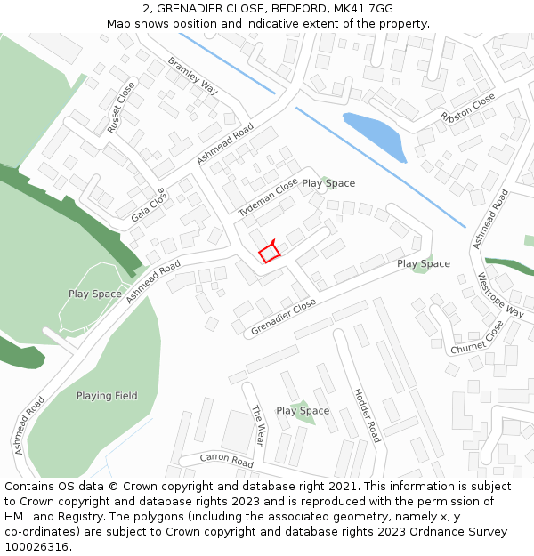 2, GRENADIER CLOSE, BEDFORD, MK41 7GG: Location map and indicative extent of plot