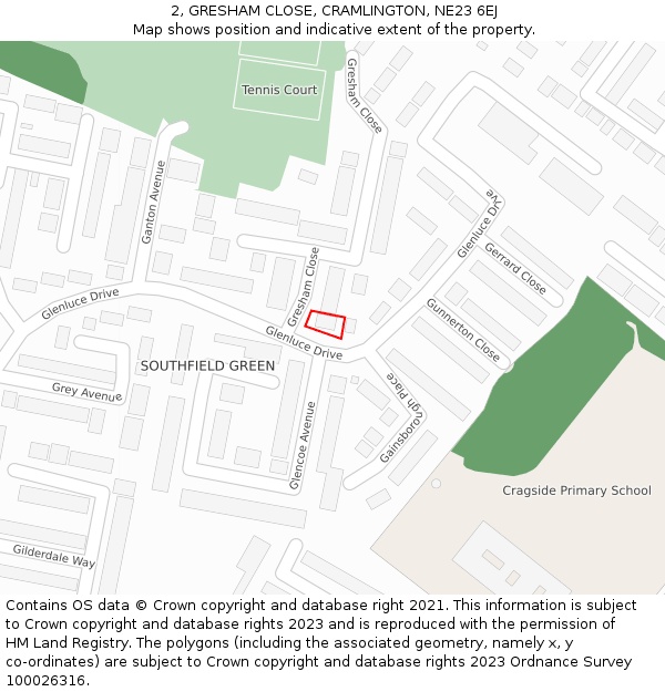 2, GRESHAM CLOSE, CRAMLINGTON, NE23 6EJ: Location map and indicative extent of plot
