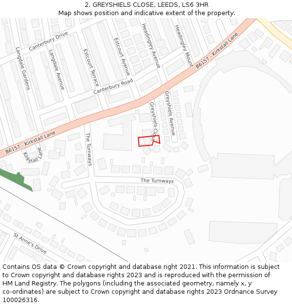 2, GREYSHIELS CLOSE, LEEDS, LS6 3HR: Location map and indicative extent of plot