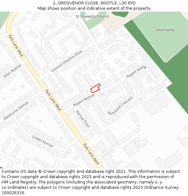 2, GROSVENOR CLOSE, BOOTLE, L30 6YD: Location map and indicative extent of plot