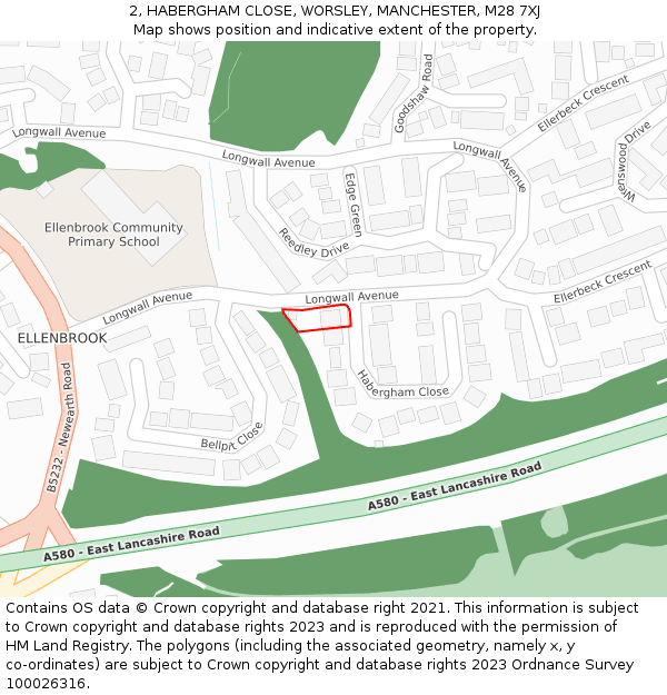 2, HABERGHAM CLOSE, WORSLEY, MANCHESTER, M28 7XJ: Location map and indicative extent of plot