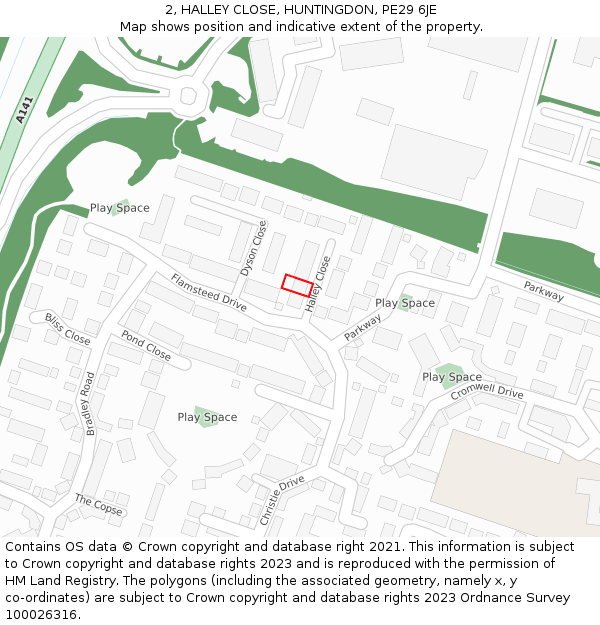 2, HALLEY CLOSE, HUNTINGDON, PE29 6JE: Location map and indicative extent of plot