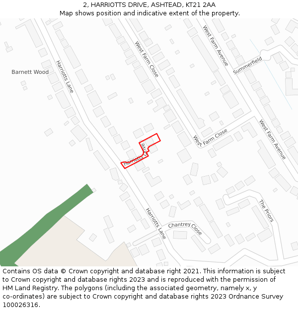 2, HARRIOTTS DRIVE, ASHTEAD, KT21 2AA: Location map and indicative extent of plot