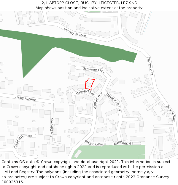 2, HARTOPP CLOSE, BUSHBY, LEICESTER, LE7 9ND: Location map and indicative extent of plot