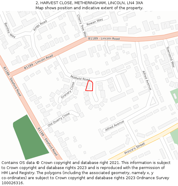 2, HARVEST CLOSE, METHERINGHAM, LINCOLN, LN4 3XA: Location map and indicative extent of plot