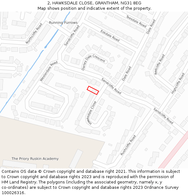 2, HAWKSDALE CLOSE, GRANTHAM, NG31 8EG: Location map and indicative extent of plot