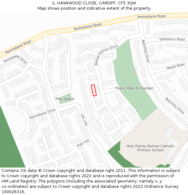 2, HAWKWOOD CLOSE, CARDIFF, CF5 3QW: Location map and indicative extent of plot