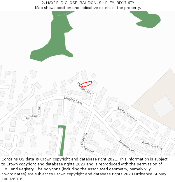 2, HAYFIELD CLOSE, BAILDON, SHIPLEY, BD17 6TY: Location map and indicative extent of plot