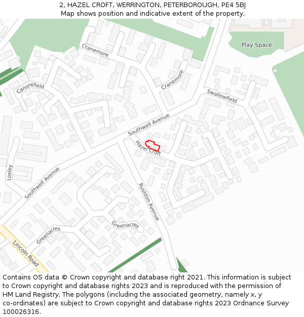 2, HAZEL CROFT, WERRINGTON, PETERBOROUGH, PE4 5BJ: Location map and indicative extent of plot
