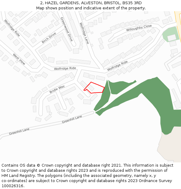 2, HAZEL GARDENS, ALVESTON, BRISTOL, BS35 3RD: Location map and indicative extent of plot