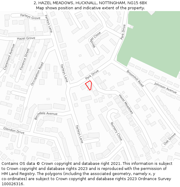 2, HAZEL MEADOWS, HUCKNALL, NOTTINGHAM, NG15 6BX: Location map and indicative extent of plot