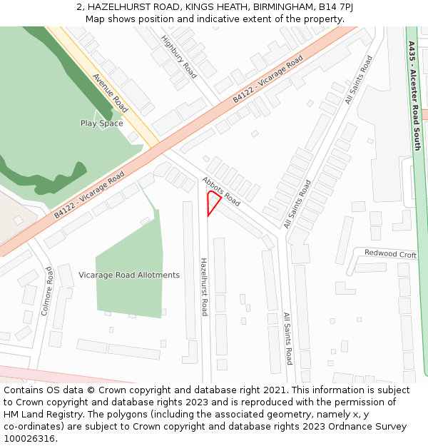2, HAZELHURST ROAD, KINGS HEATH, BIRMINGHAM, B14 7PJ: Location map and indicative extent of plot