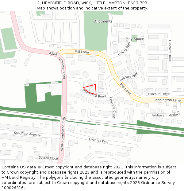2, HEARNFIELD ROAD, WICK, LITTLEHAMPTON, BN17 7PR: Location map and indicative extent of plot
