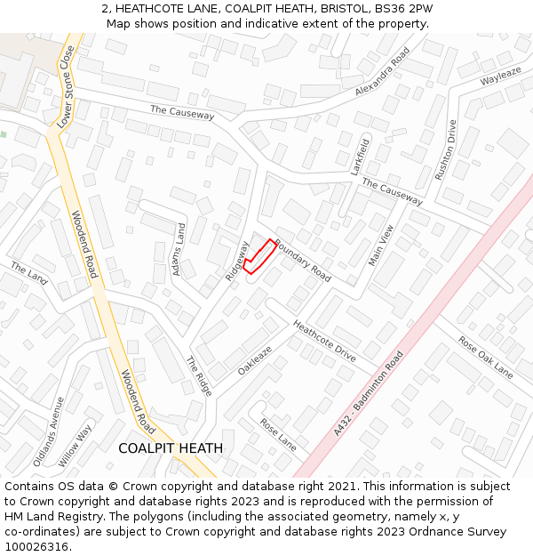 2, HEATHCOTE LANE, COALPIT HEATH, BRISTOL, BS36 2PW: Location map and indicative extent of plot