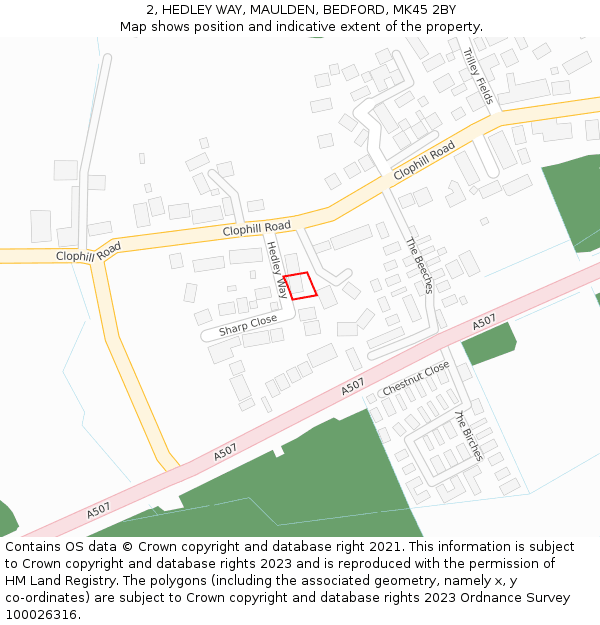 2, HEDLEY WAY, MAULDEN, BEDFORD, MK45 2BY: Location map and indicative extent of plot