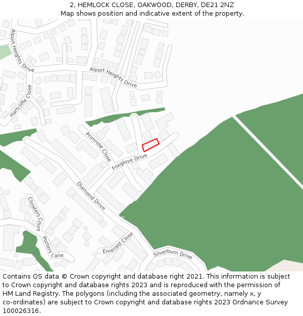 2, HEMLOCK CLOSE, OAKWOOD, DERBY, DE21 2NZ: Location map and indicative extent of plot