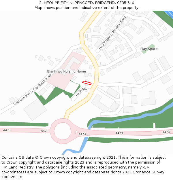 2, HEOL YR EITHIN, PENCOED, BRIDGEND, CF35 5LX: Location map and indicative extent of plot