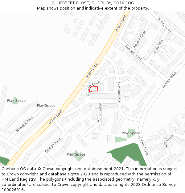2, HERBERT CLOSE, SUDBURY, CO10 1QG: Location map and indicative extent of plot