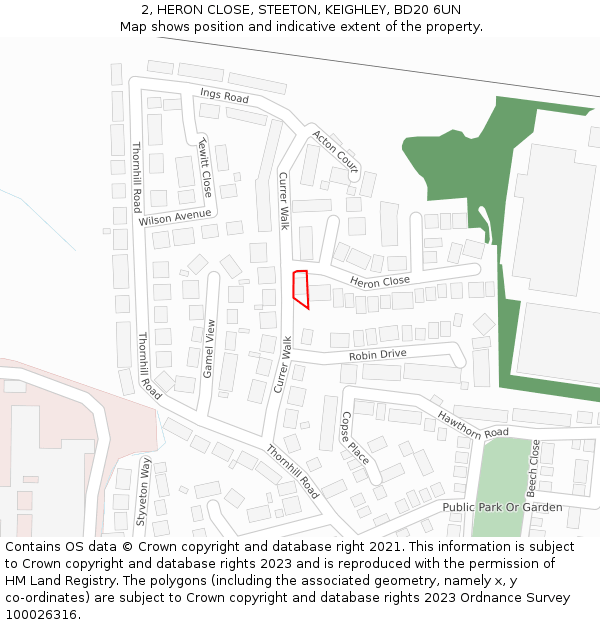 2, HERON CLOSE, STEETON, KEIGHLEY, BD20 6UN: Location map and indicative extent of plot