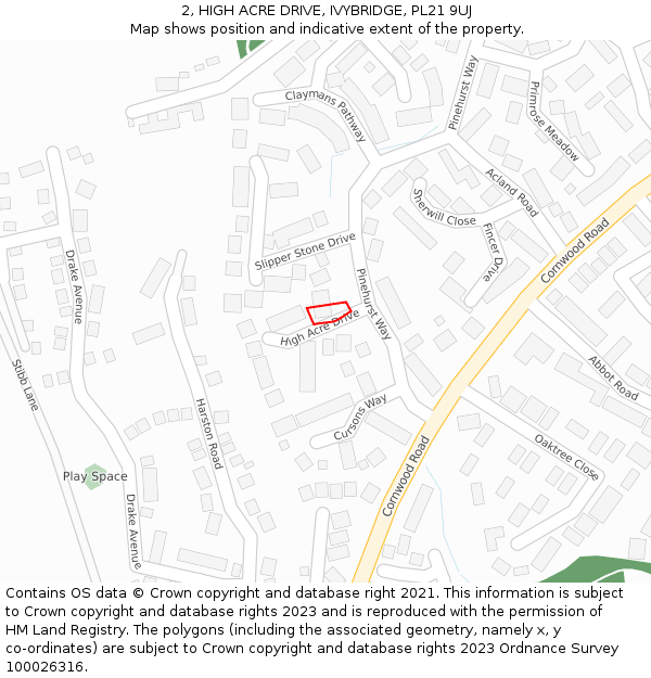 2, HIGH ACRE DRIVE, IVYBRIDGE, PL21 9UJ: Location map and indicative extent of plot