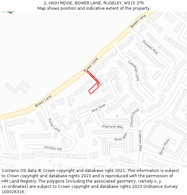 2, HIGH RIDGE, BOWER LANE, RUGELEY, WS15 2TR: Location map and indicative extent of plot