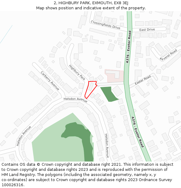 2, HIGHBURY PARK, EXMOUTH, EX8 3EJ: Location map and indicative extent of plot