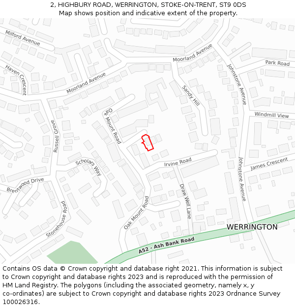 2, HIGHBURY ROAD, WERRINGTON, STOKE-ON-TRENT, ST9 0DS: Location map and indicative extent of plot