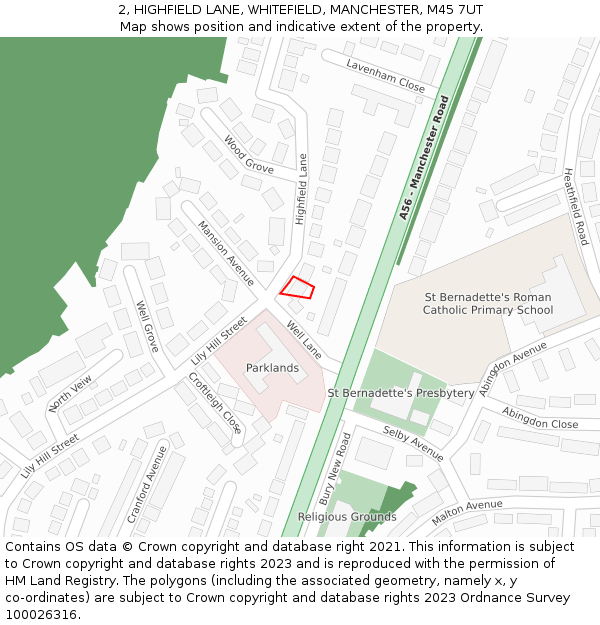 2, HIGHFIELD LANE, WHITEFIELD, MANCHESTER, M45 7UT: Location map and indicative extent of plot