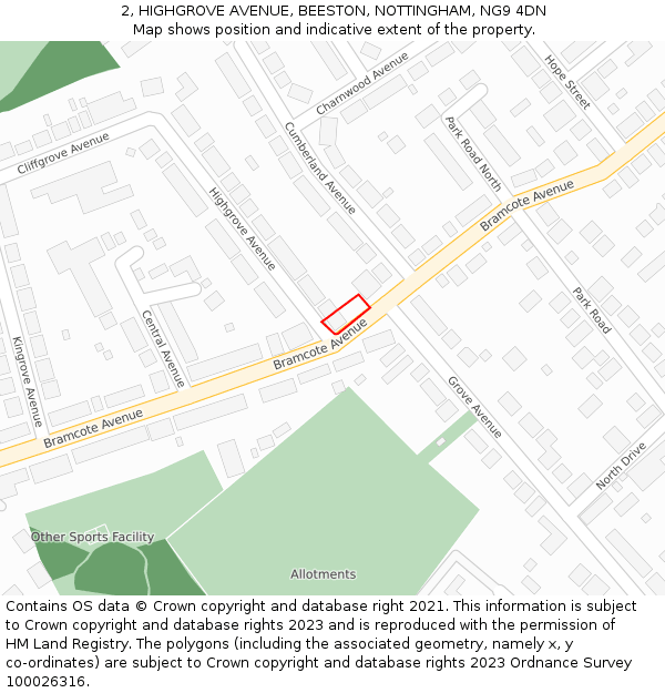 2, HIGHGROVE AVENUE, BEESTON, NOTTINGHAM, NG9 4DN: Location map and indicative extent of plot