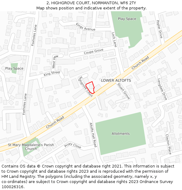 2, HIGHGROVE COURT, NORMANTON, WF6 2TY: Location map and indicative extent of plot